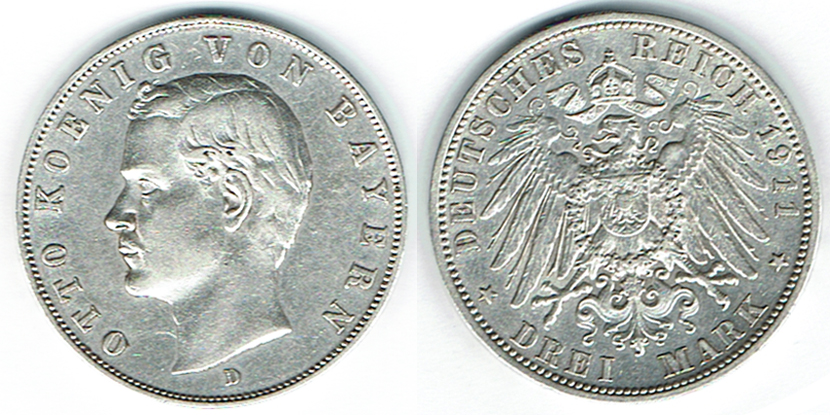  SZAIVERT DEUTSCHES KAISERREICH KÖNIGREICH BAYERN OTTO 3 MARK 1911 D   