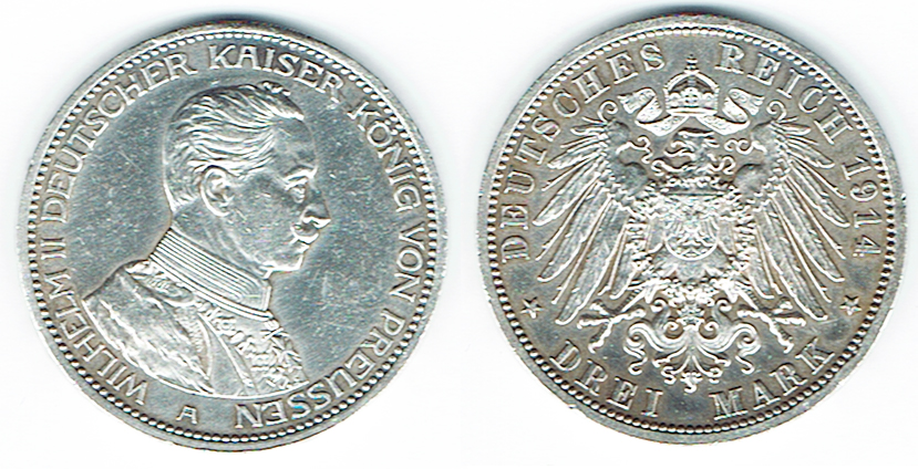  SZAIVERT DEUTSCHES KAISERREICH KÖNIGREICH PREUSSEN 3 MARK 1914 A   