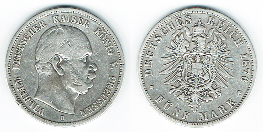  SZAIVERT DEUTSCHES KAISERREICH KÖNIGREICH PREUSSEN  5 MARK 1876 B   