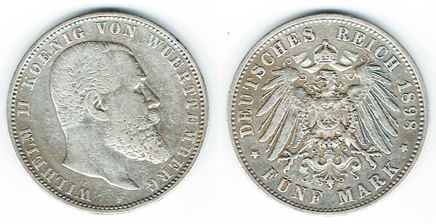  SZAIVERT DEUTSCHES KAISERREICH KÖNIGREICH WÜRTTEMBERG 5  MARK 1898 F   