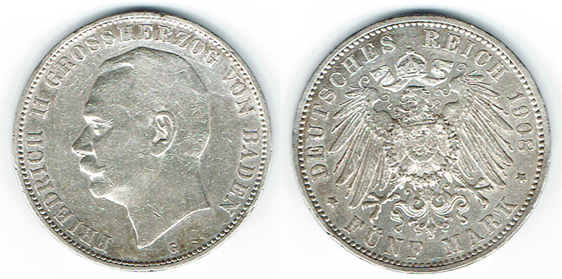  SZAIVERT DEUTSCHES KAISERREICH GROSSHERZOGTUM BADEN 5  MARK 1908 G   