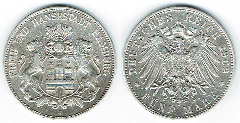  SZAIVERT DEUTSCHES KAISERREICH HAMBURG 5 MARK 1902   