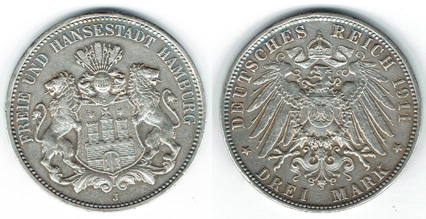  SZAIVERT DEUTSCHES KAISERREICH HAMBURG 3 MARK 1911 J   