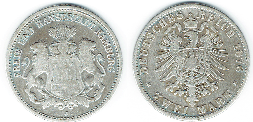  SZAIVERT DEUTSCHES KAISERREICH HAMBURG 2 MARK 1876 J   