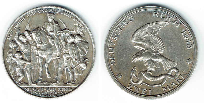  SZAIVERT DEUTSCHES KAISERREICH KÖNIGREICH PREUSSEN 2 MARK 1913 JAHRHUNDERTFEIER BEFREIUNGSKRIEGE   
