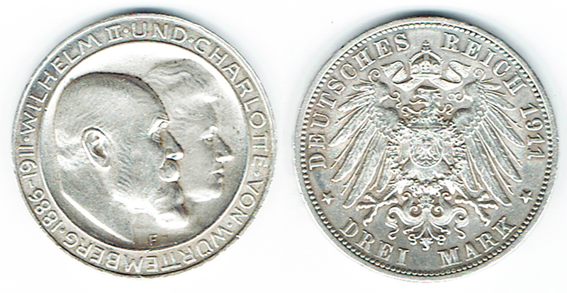 SZAIVERT DEUTSCHES KAISERREICH KÖNIGREICH WÜRTTEMBERG 3  MARK 1911 F GOLDENE HOCHZEIT   