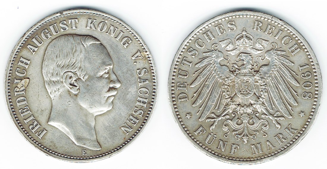  SZAIVERT DEUTSCHES KAISERREICH KÖNIGREICH SACHSEN 5 Mark 1908 FRIEDRICH AUGUST III.   