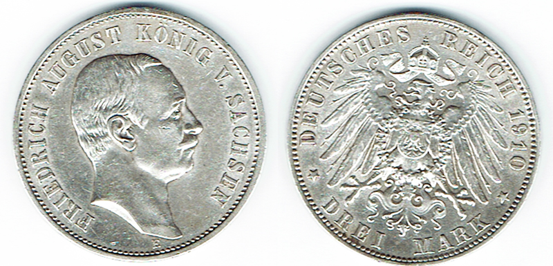  SZAIVERT DEUTSCHES KAISERREICH KÖNIGREICH SACHSEN 3 Mark 1910 E FRIEDRICH AUGUST III.   