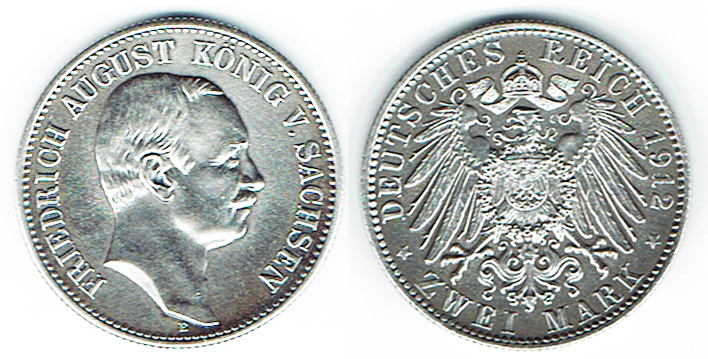  SZAIVERT DEUTSCHES KAISERREICH KÖNIGREICH SACHSEN 2 Mark 1912 E FRIEDRICH AUGUST III.   
