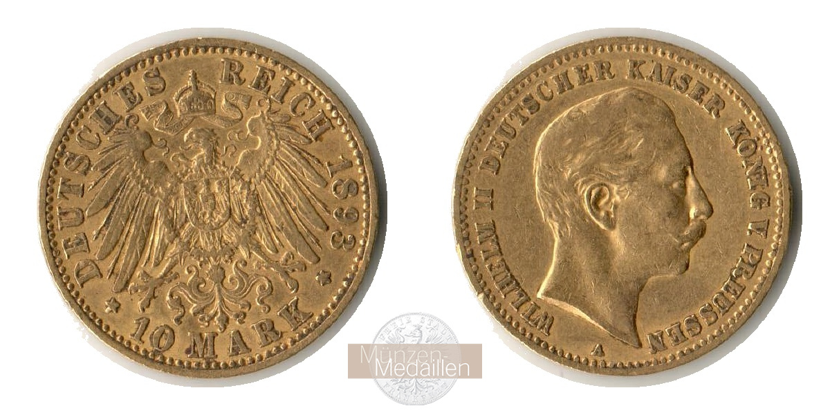 Dt. Kaiserreich Preussen, Wilhelm II MM-Frankfurt KM#520 Feingold: 3,58g 10 Mark (1890-1912) 1893 A 