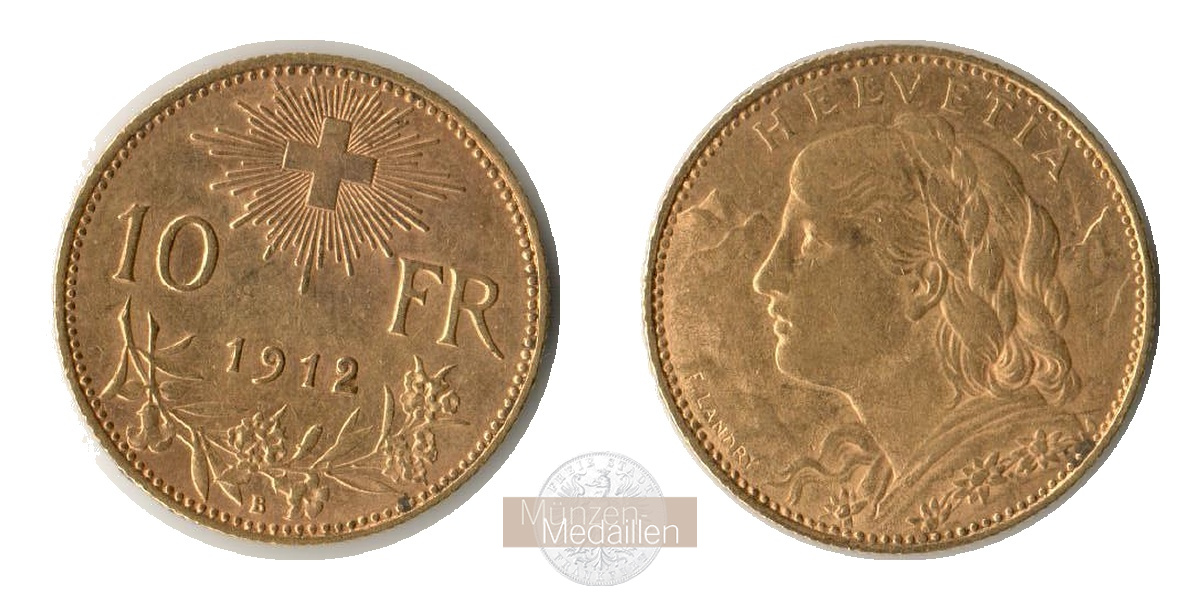  Schweiz 10 Francs 1912 (1911-1922) B Helvetia MM-Frankfurt KM#36 Feingold: 2,9g   