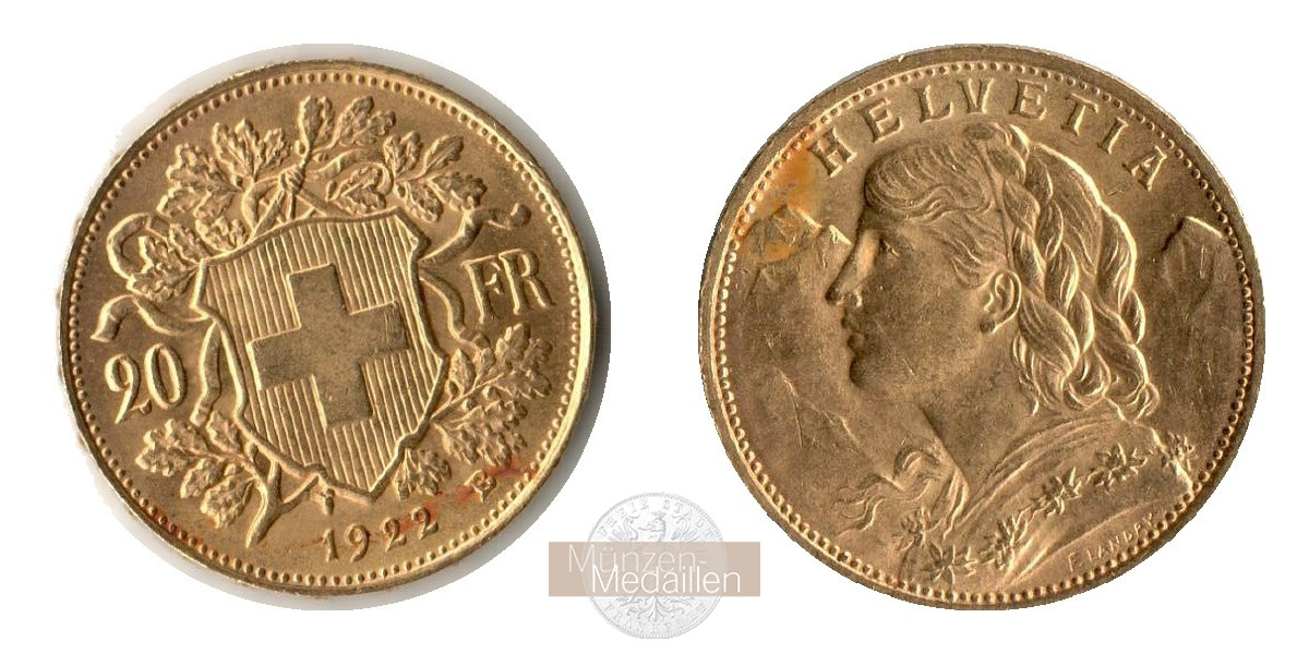 Schweiz 20 Francs Vreneli 1922 (1897-1935) MM-Frankfurt KM#35.1 Feingold: 5,805g   