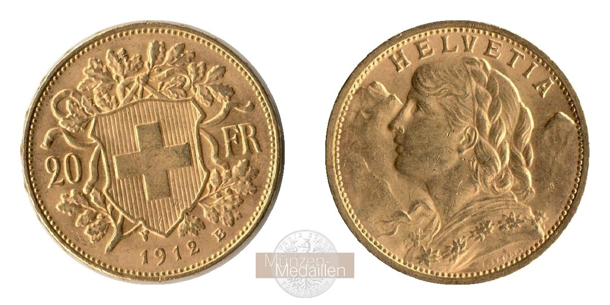 Schweiz MM-Frankfurt Feingold: 5,81g 20sFR (Vreneli) 1912 B 
