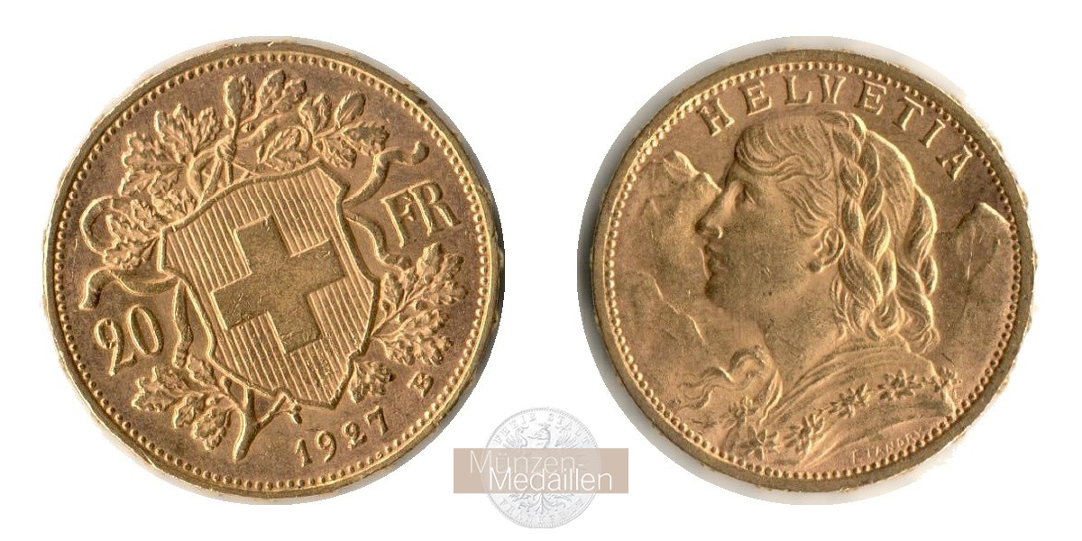  Schweiz 20 Francs Vreneli 1927 B (1897-1935) MM-Frankfurt KM#35.1 Feingold: 5,805g   