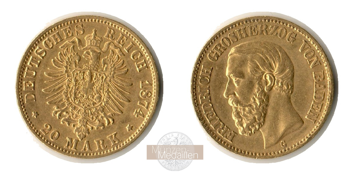Baden, Kaiserreich 20 Mark MM-Frankfurt Feingold: 7,17g Friedrich I. 1852 - 1907 1874 G 