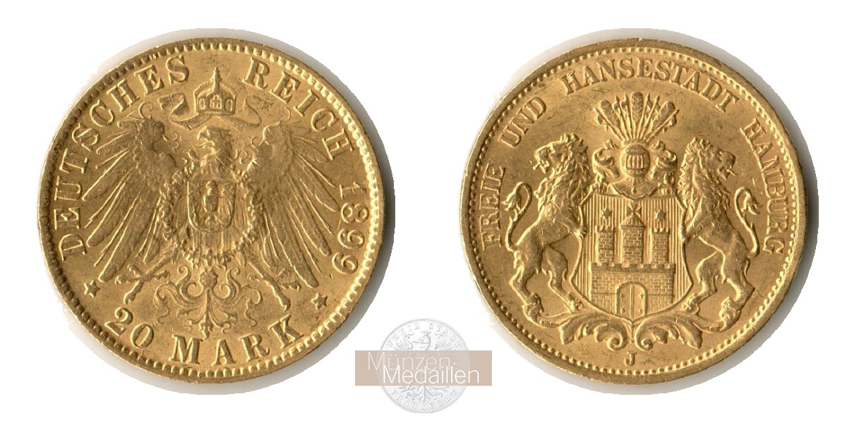 Deutsches Kaiserreich. Hamburg MM-Frankfurt KM#618 Feingold: 7,17g 20 Mark (1893-1913) 1899 J 
