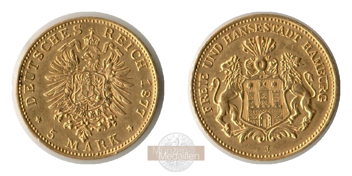 Hamburg Kaiserreich, 5 Mark MM-Frankfurt Feingold: 1,79g  1877 J 