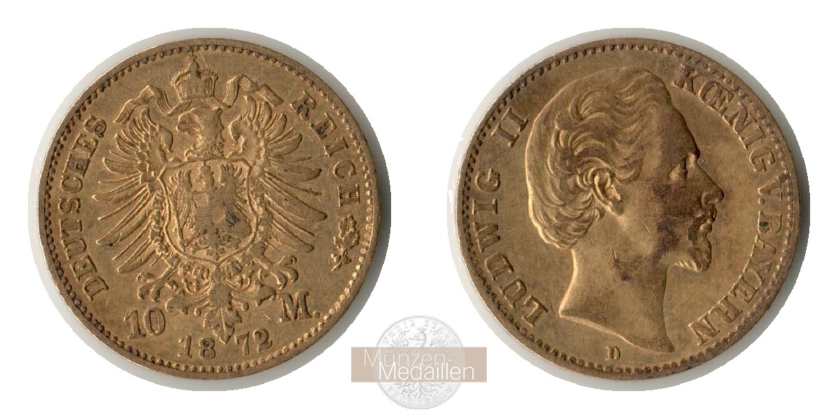 Bayern, Kaiserreich  10 Mark MM-Frankfurt Feingold: 3,58g Ludwig II. 1864-1886 1872 D 