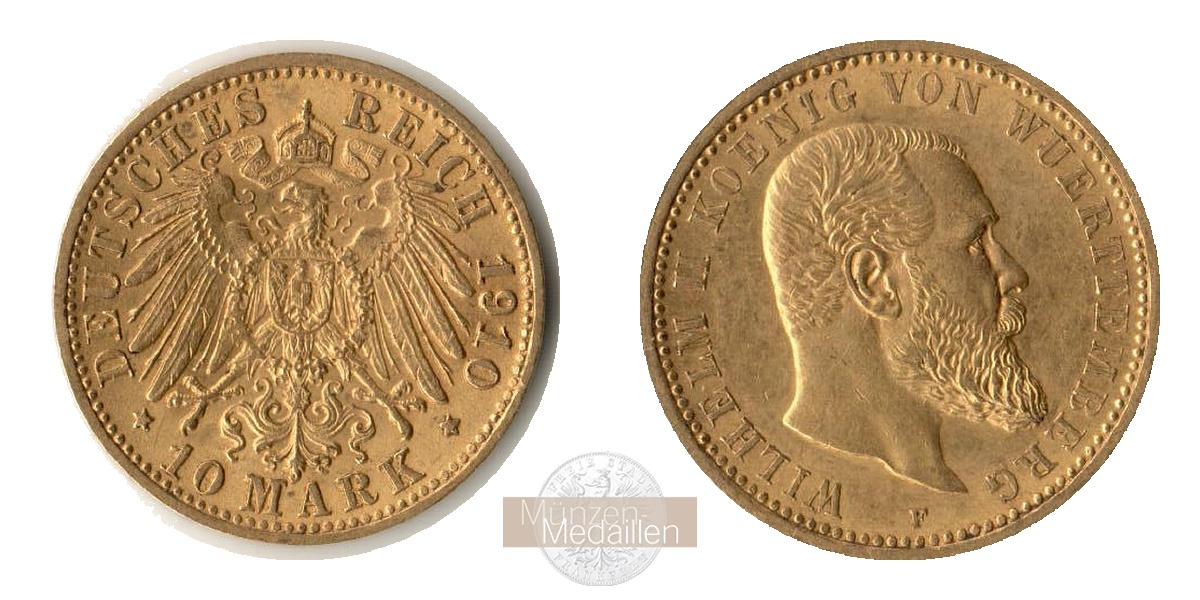 Deutsches Kaiserreich, Württemberg MM-Frankfurt Feingold: 3,58g Wilhelm II., 10 Mark 1910 F 