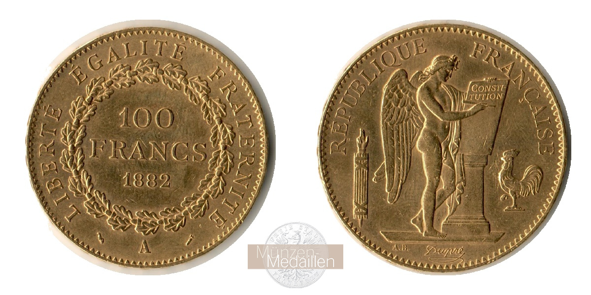  Frankreich 100 Francs 1882 'A' (1878-1906) MM-Frankfurt KM#832 Feingold: 29,03g   