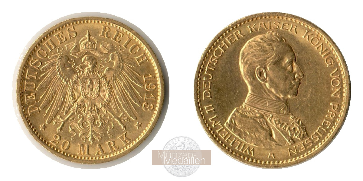 Preussen Kaiserreich, Wilhelm II Uniform MM-Frankfurt KM#537 Feingold: 7,17g 20 Mark (1913-1915) 1913 A 