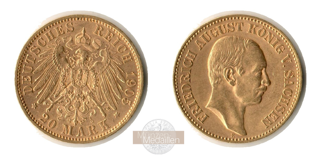 Deutsches Kaiserreich. Sachsen, MM-Frankfurt Feingold: 7,17g Friedrich August III. 20 Mark 1905 E 