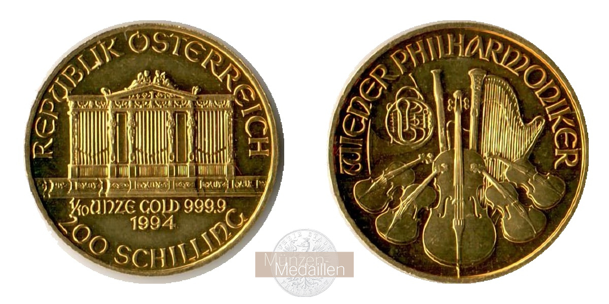 Österreich MM-Frankfurt Feingewicht: 3,11g Gold 200 Schilling (Wiener Philharmoniker) 1994 stempelglanz