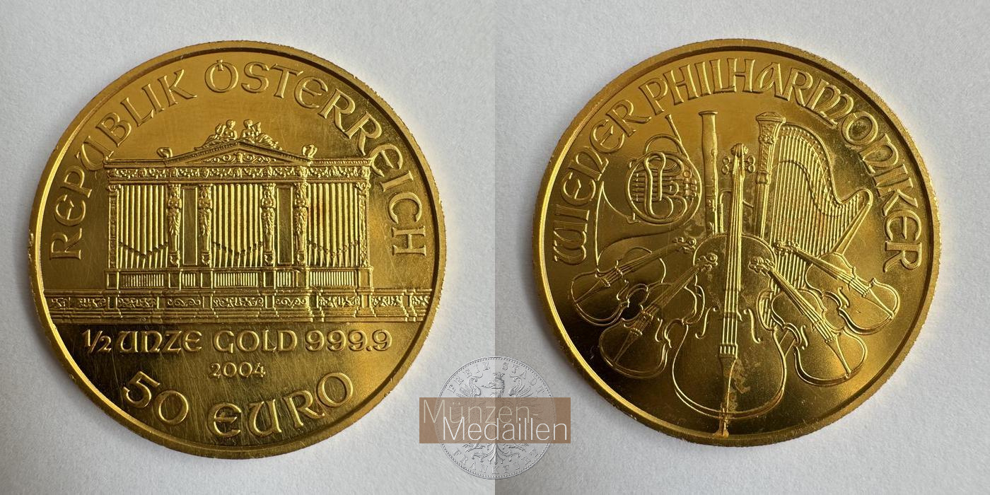 Österreich,   50 Euro MM-Frankfurt  Feingold: 15,5g Wiener Philharmoniker 2004 