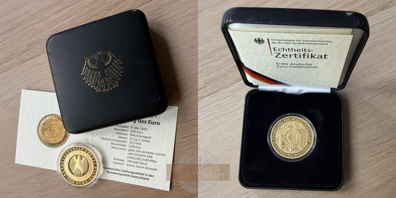 BRD  200 Euro MM-Frankfurt KM#220 Feingold: 31,1g Einführung des Euro 2002 A 