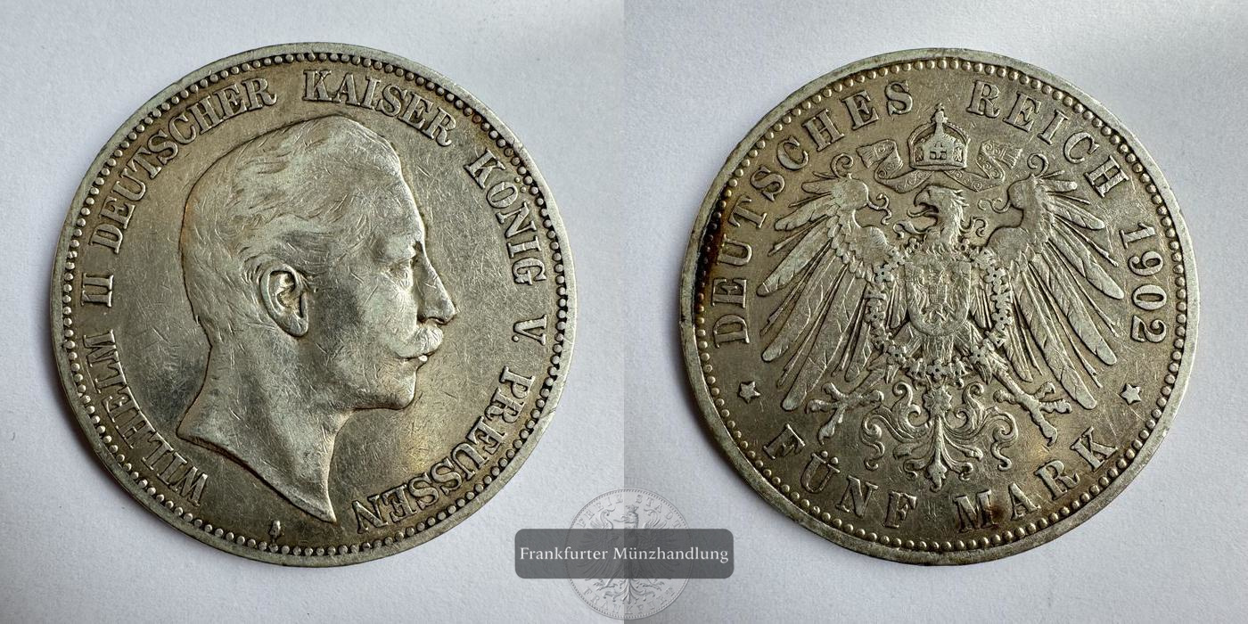  Deutsches Kaiserreich 5 Mark 1902 A Preußen Wilhelm II FM-Frankfurt KM#523 Feinsilber: 25g   