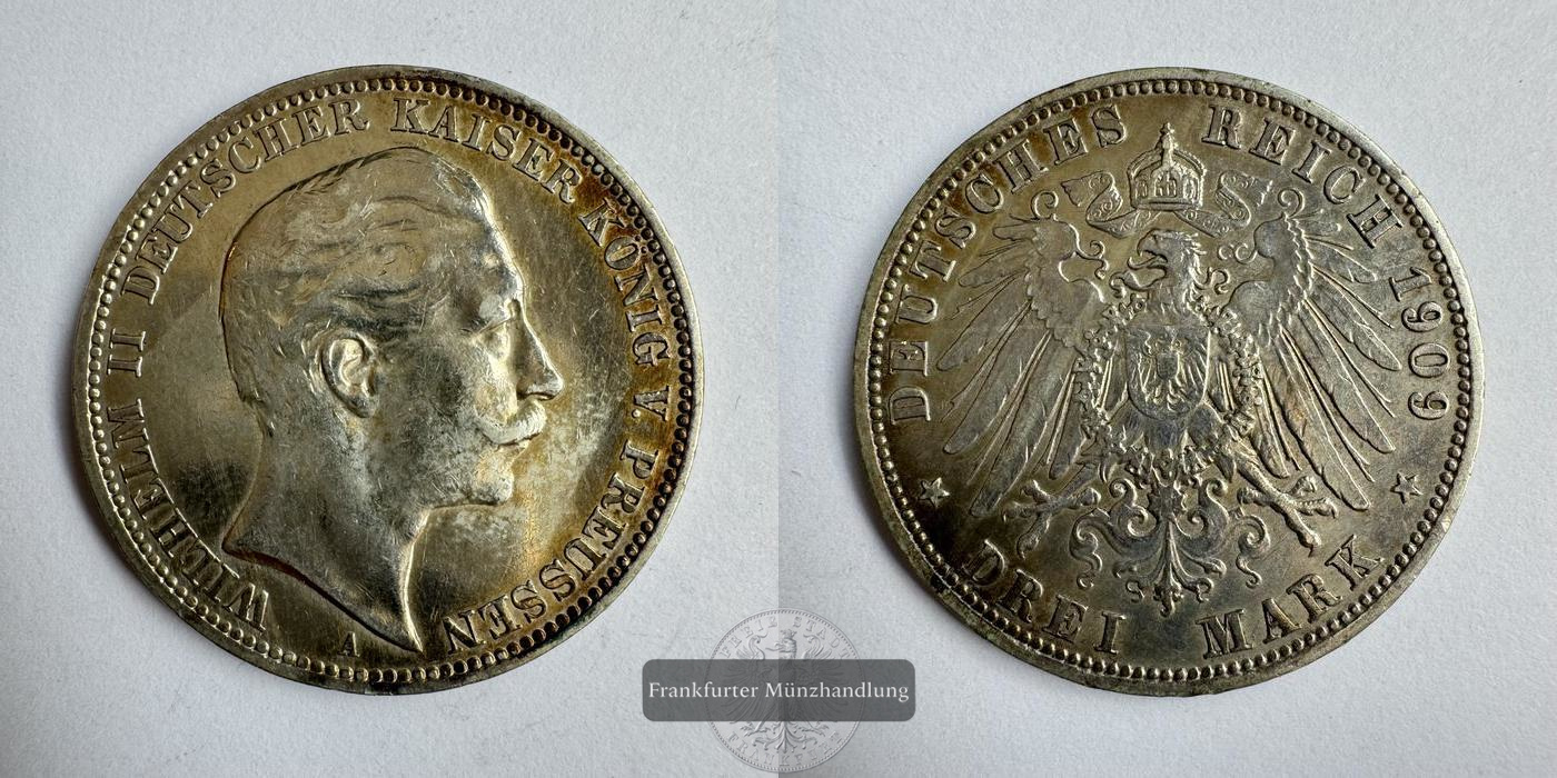  Dt. Kaiserreich, Preussen 3 Mark 1909 'A' Wilhelm II FM-Frankfurt KM#527 Feinsilber: 15g   