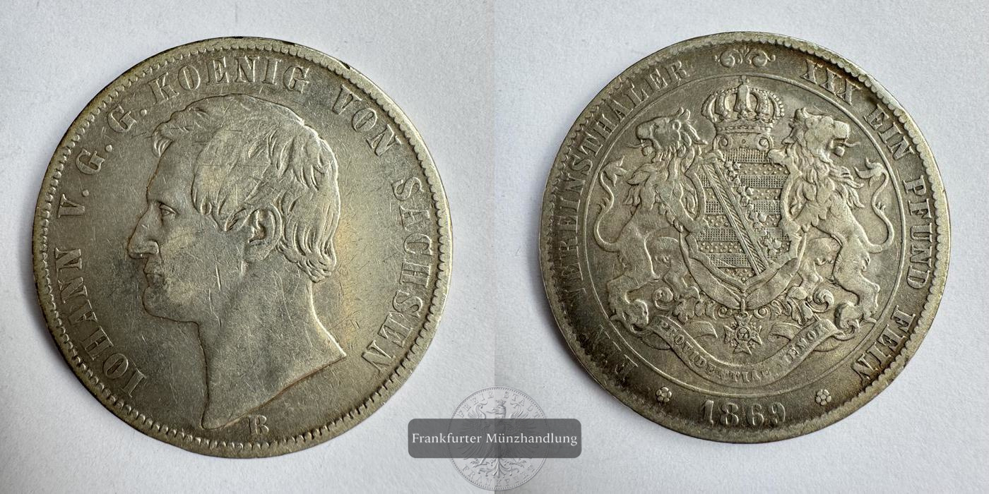  Dt. Kaiserreich 1 Vereinsthaler John 1869 'B' FM-Frankfurt KM#1214 Feinsilber: 16,66g   