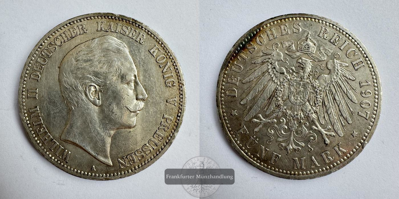  Deutsches Kaiserreich 5 Mark 1907 'A' Preußen Wilhelm II FM-Frankfurt KM#523 Feinsilber: 25g   