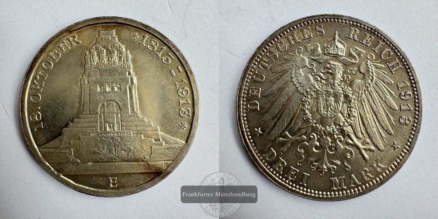  Dt. Reich 3 Mark Frederick August III (Battle of Leipzig) 1913 FM-Frankfurt KM#1275 Feinsilber: 15g   