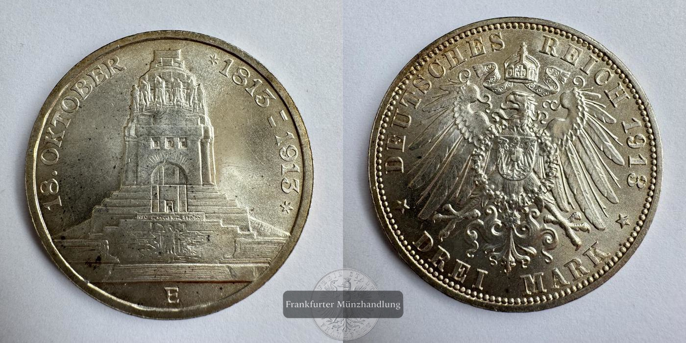  Dt. Reich 3 Mark Frederick August III (Battle of Leipzig) 1913 FM-Frankfurt KM#1275 Feinsilber: 15g   