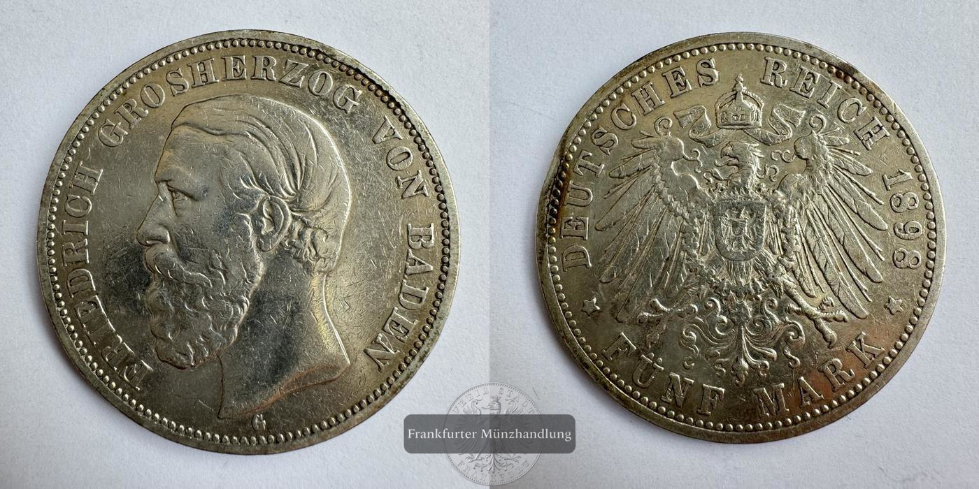  Dt. Kaiserreich Baden, 5 Mark 1898 G Friedrich I FM-Frankfurt KM#268 Feinsilber: 25g   