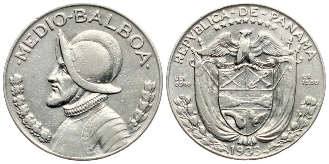  Panama: 1/2 Balboa 1933, Silber, seltener Jahrgang, schöne Silberpatina, siehe unten!   
