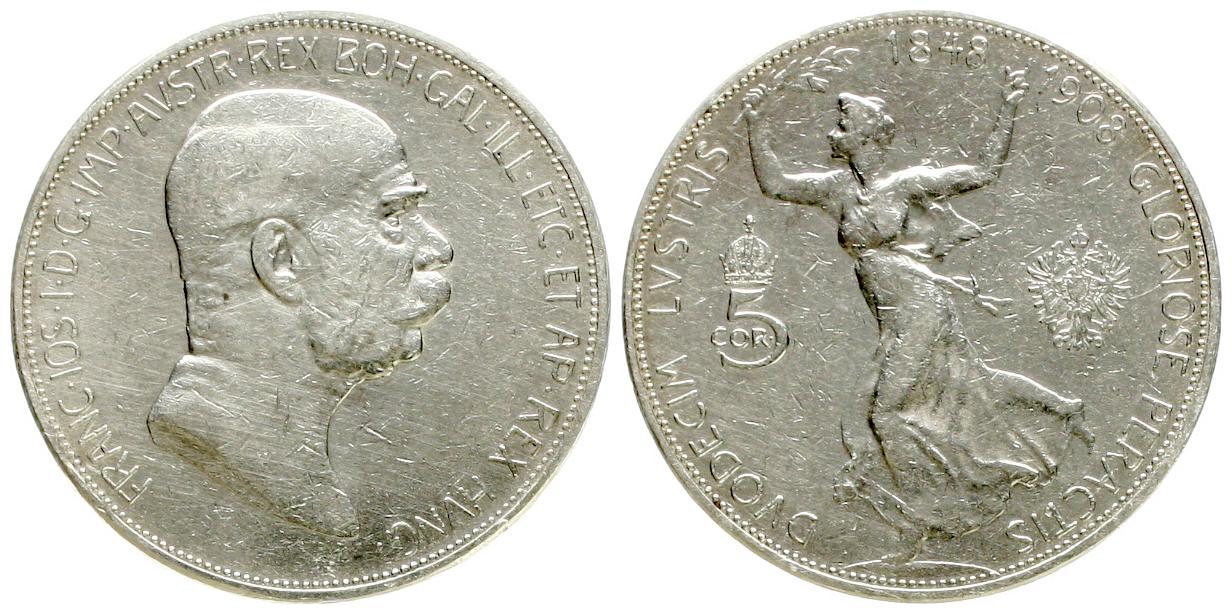  Österreich/Haus Habsburg: Franz Josef, 5 Kronen 1908, Silber, näheres unten!   