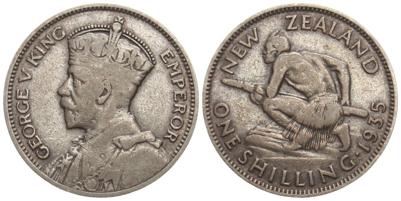  Neuseeland: Georg V.,  1 Shilling 1935, Silber, siehe unten!   