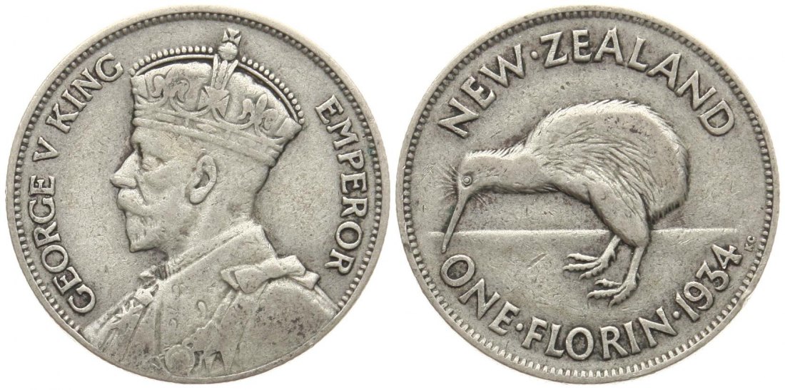  Neuseeland: Georg V., One Florin (2 Shillings) 1934, siehe unten!   
