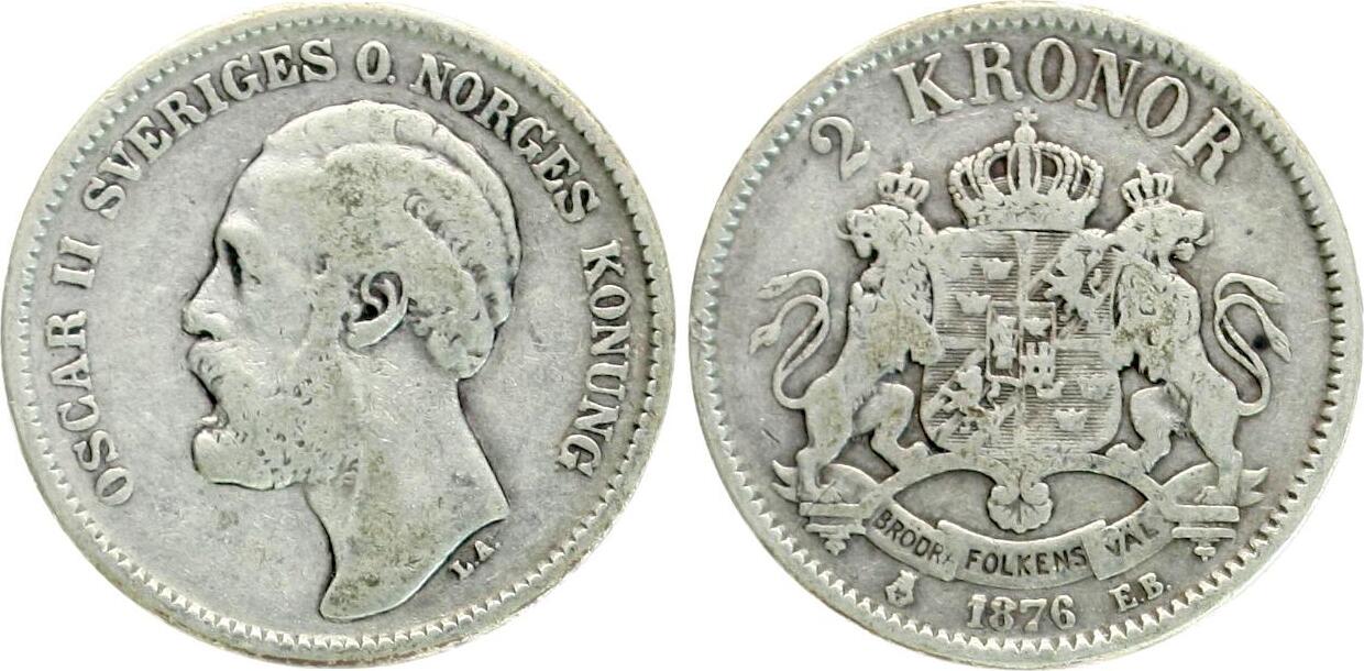  Schweden: Oscar II., 2 Kronor 1876 EB, Kursmünze ss-   