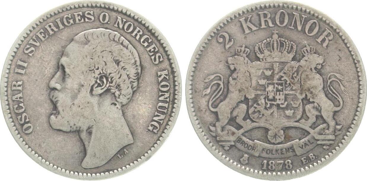  Schweden: Oscar II., 2 Kronor 1878 EB, Kursmünze   