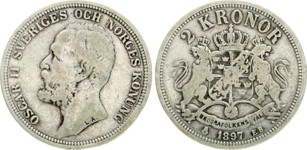  Schweden: Oscar II., 2 Kronor 1897 EB, Kursmünze ss-   