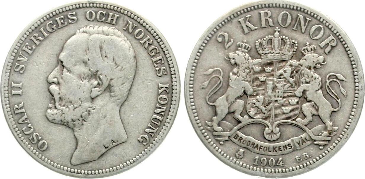  Schweden: Oscar II., 2 Kronor 1904 EB, Kursmünze   