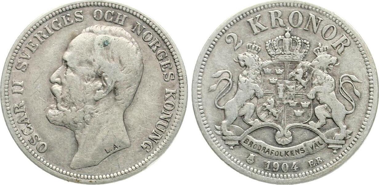  Schweden: Oscar II., 2 Kronor 1904 EB, Kursmünze   