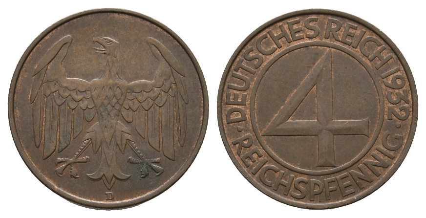  Deutsches Reich; Weimarer Republik; 4 Reichspfennig 1932   
