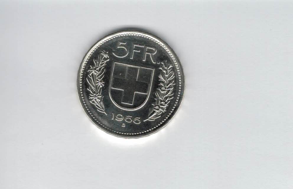  5 Franken 1966 B silber 12,5g fein Schweiz Spittalgold9800 (1349)   