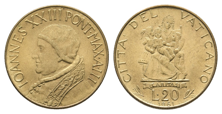  Vatican; 20 Lire 1961, vergoldet   