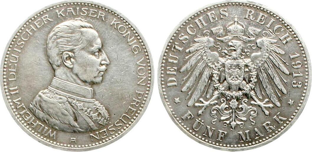  Preussen: Wilhelm II., 5 Mark 1913 A, in Gard du Corps Uniform   