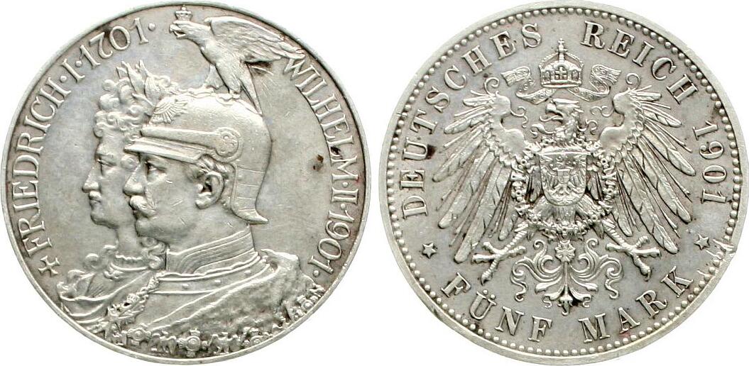  Preussen: 5 Mark 1901, Wilhelm II, 200 Jahre Königreich Preussen vz/vz+   